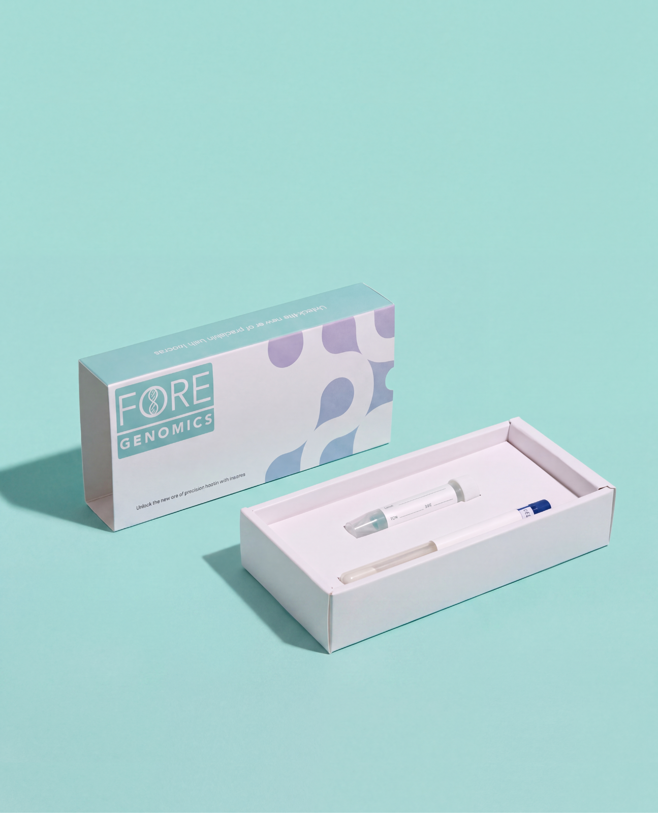 Fore Genomics genetic screen shown in its sample collection kit, featuring a sample tube and a collection swab. 