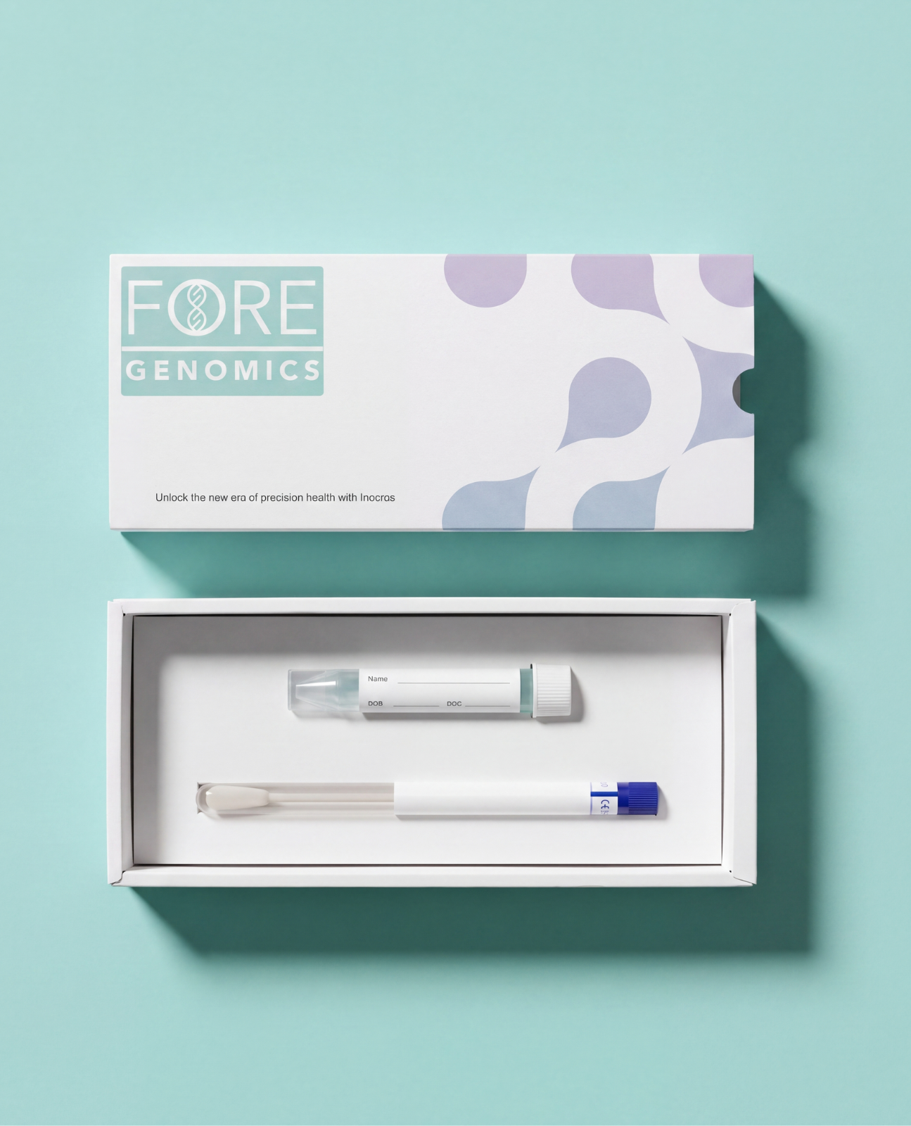 Fore Genomics genetic screen shown in its sample collection kit, featuring a sample tube and a collection swab. Each sample collection kit comes complete with instructions and FedEx shipping label. 
