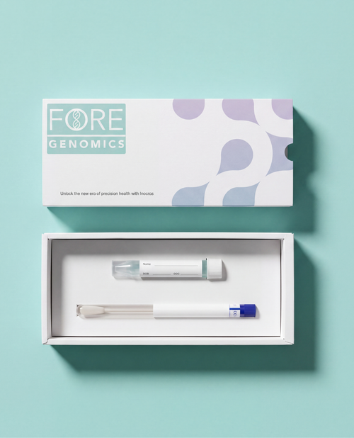 Fore Genomics genetic screen shown in its sample collection kit, featuring a sample tube and a collection swab. Each sample collection kit comes complete with instructions and FedEx shipping label. 